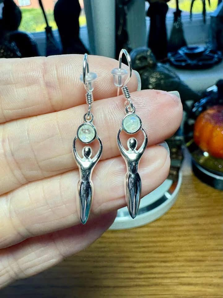 STERLING SILVER AND MOONSTONE GODDESS EARRINGS