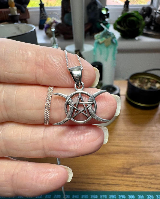 STERLING SILVER TRIPLE MOON PENTAGRAM NECKLACE